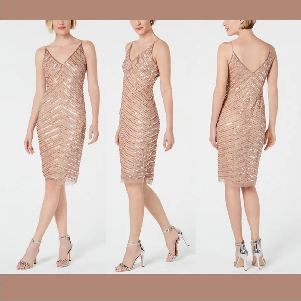 Adrianna Papell Rose Gold Sequin and Beaded Cocktail Dress